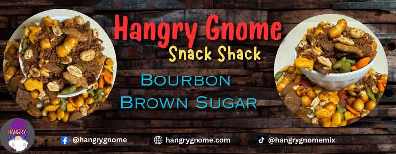 Hangry Gnome Snack Shack's Bourbon Brown Sugar Snack Blend features cheddar gold fish, peanuts, pretzels, rye chips, sesame sticks, and cut bacon pieces.